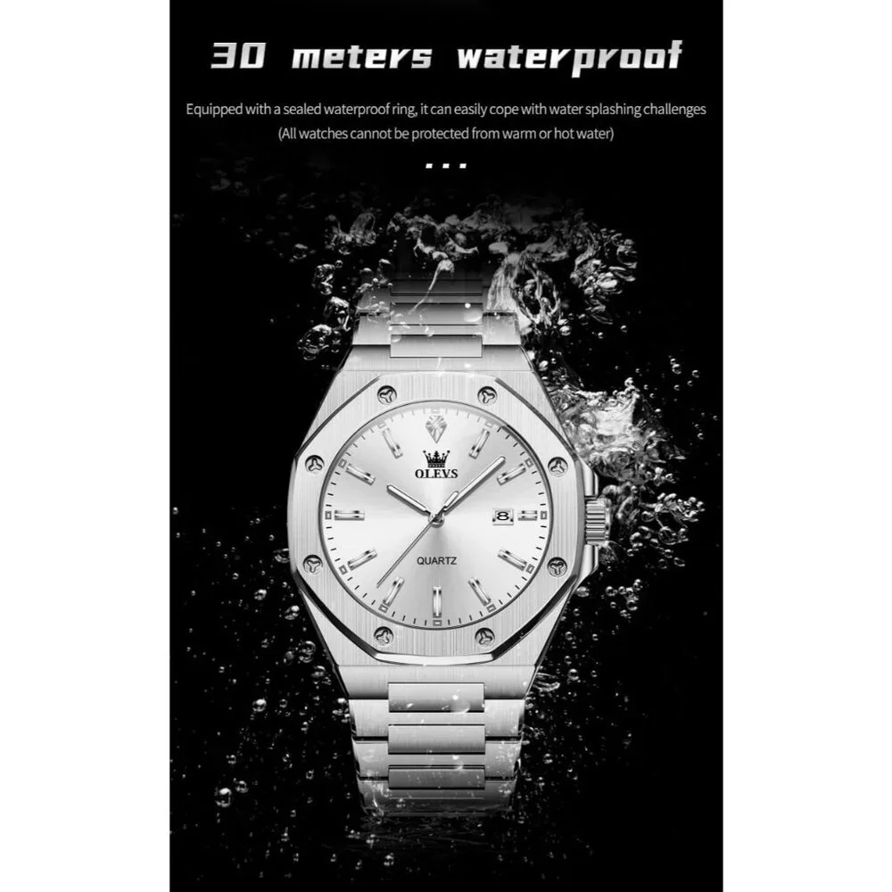 Olevs Men's Silver Stainless Steel Analog Luminous Waterproof Easy Wear Watch